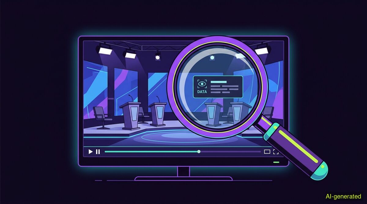 A television screen showing a political debate with a magnifying glass graphic overlaid on a paused video frame. (AI-generated illustration)