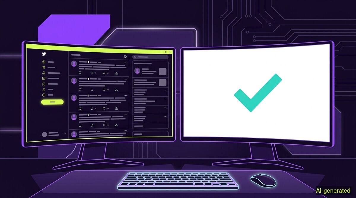 A split computer monitor showing a cluttered social media timeline on the left side and a blank white screen with a checkmark on the right side. (AI-generated illustration)