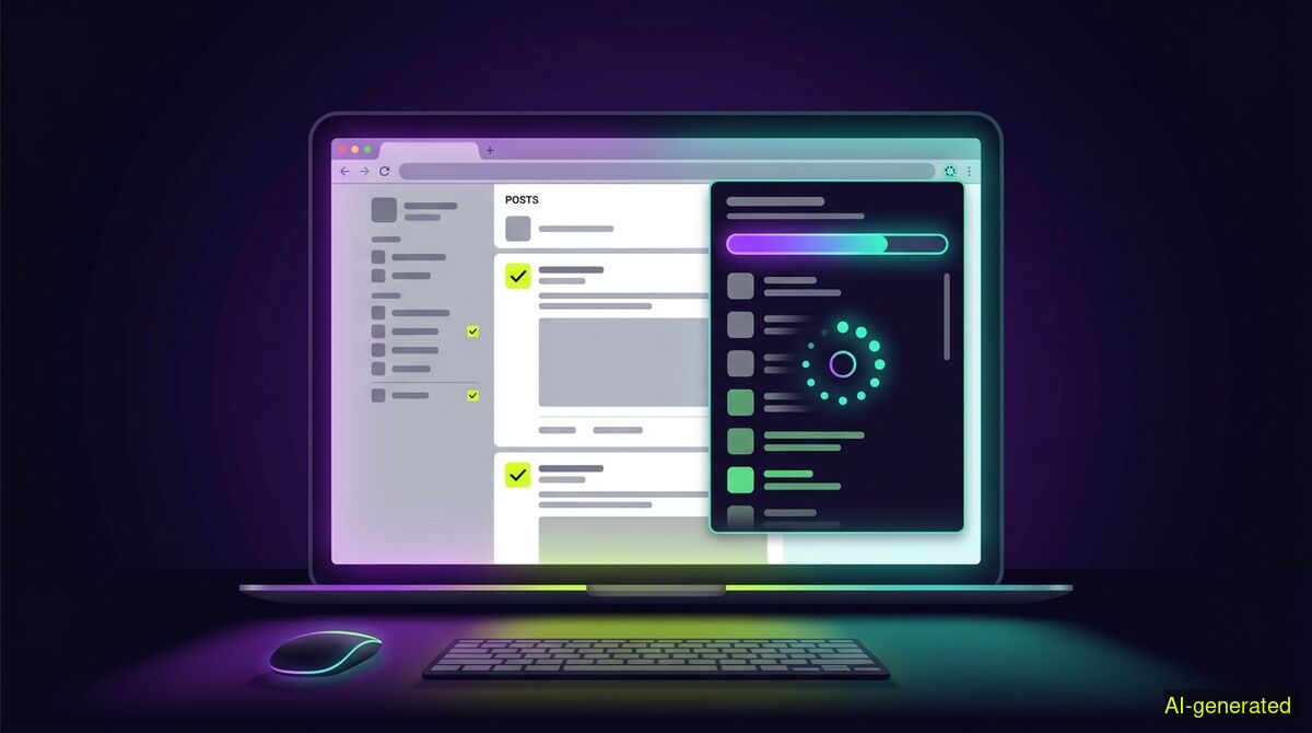 A laptop screen showing a split view of a social media timeline and an active extension popup processing a list. (AI-generated illustration)