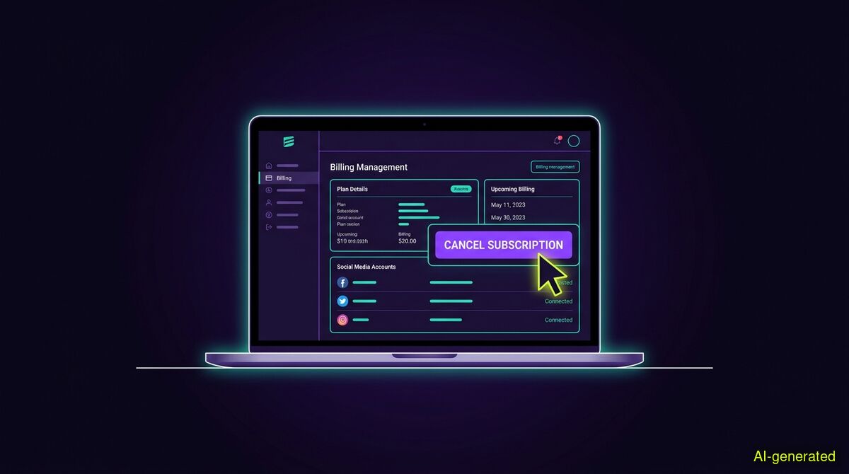 A laptop screen displaying a billing management portal with a cursor hovering over a cancel subscription button. (AI-generated illustration)