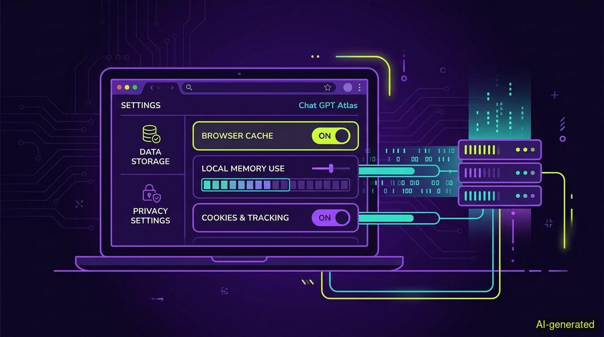 A laptop screen showing a browser settings menu with memory and privacy toggles next to a server icon. (AI-generated illustration)