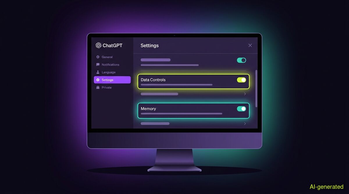 A computer monitor displaying a ChatGPT settings menu with the data controls and memory sections highlighted. (AI-generated illustration)