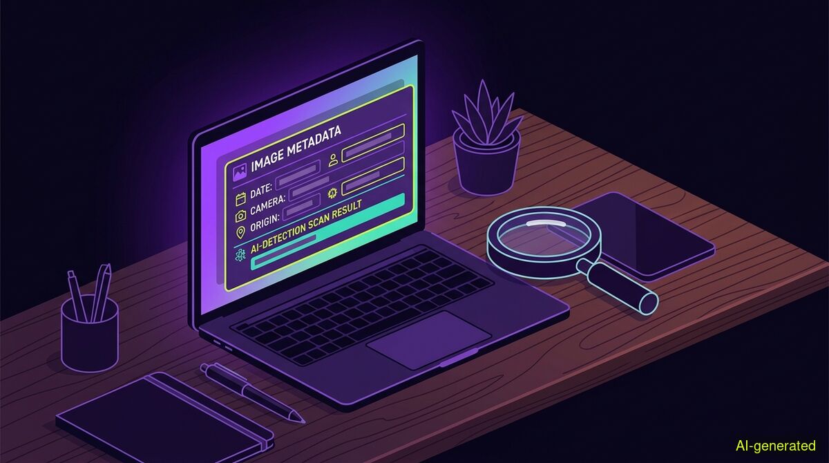 A laptop screen displaying an image metadata panel beside a magnifying glass icon on a wooden desk. (AI-generated illustration)