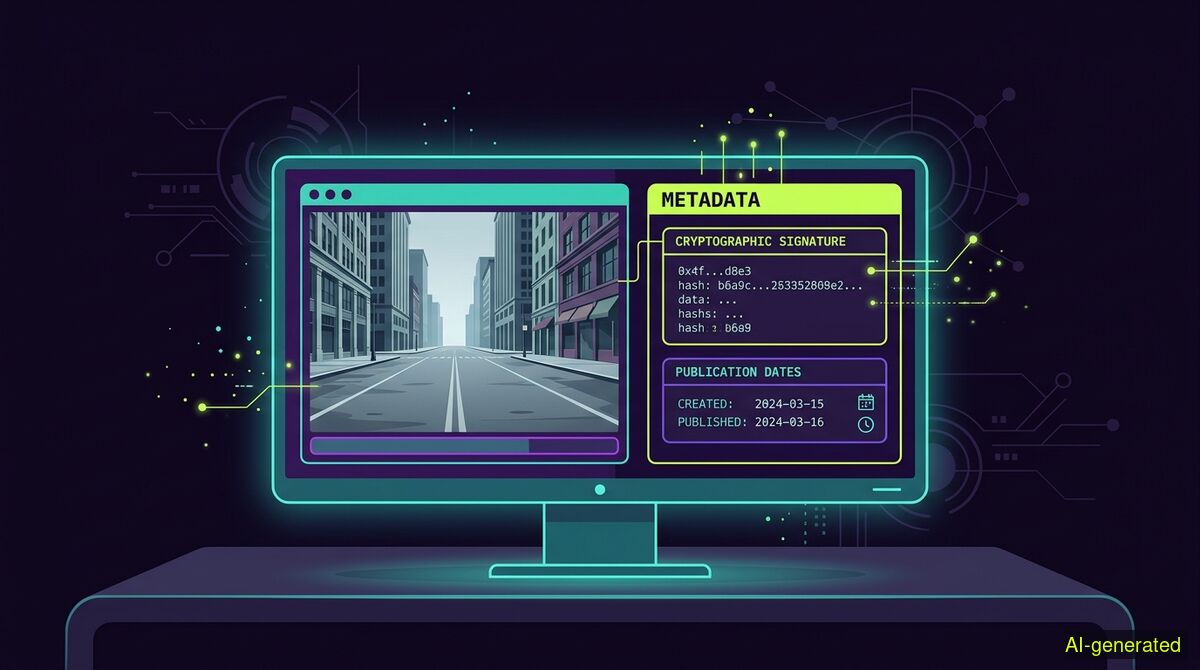 A computer monitor displaying a photograph next to a metadata panel showing a cryptographic signature and publication dates. (AI-generated illustration)