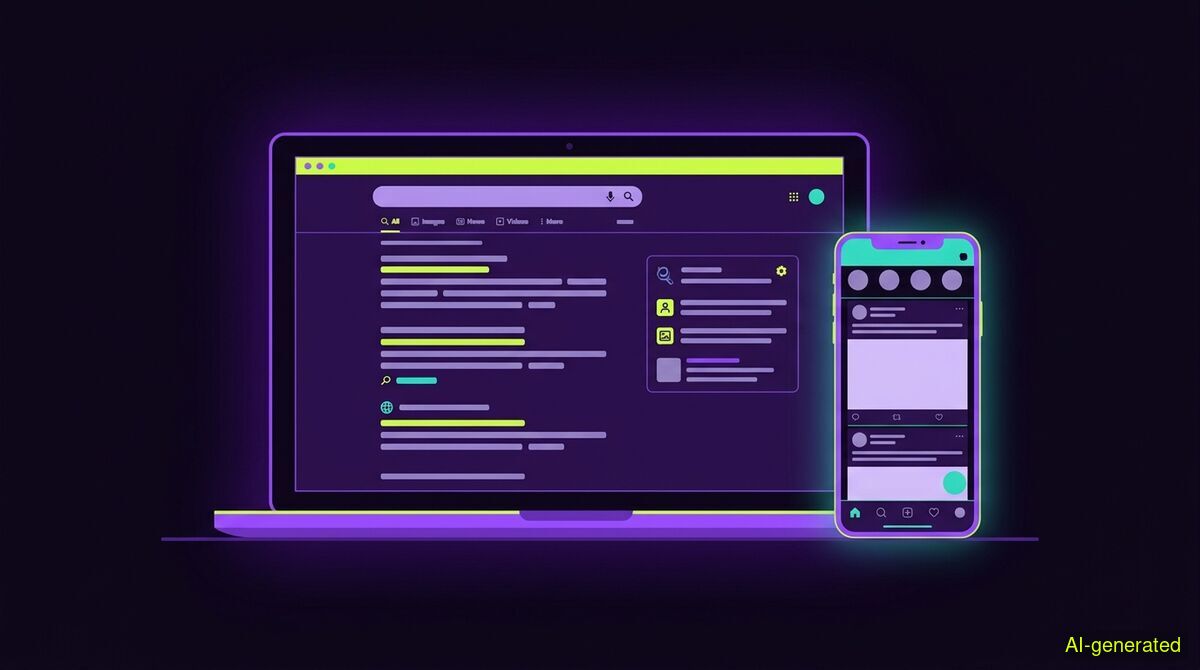 A laptop screen displaying a search engine results page alongside a smartphone showing an empty social media timeline. (AI-generated illustration)
