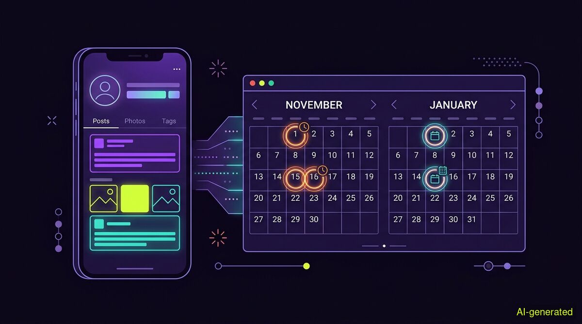 A smartphone displaying a social media profile next to a calendar highlighting November and January dates. (AI-generated illustration)