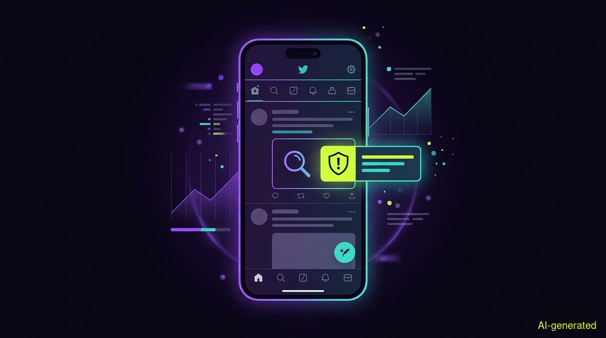 A smartphone screen displaying a social media feed with a warning label next to a magnifying glass icon. (AI-generated illustration)