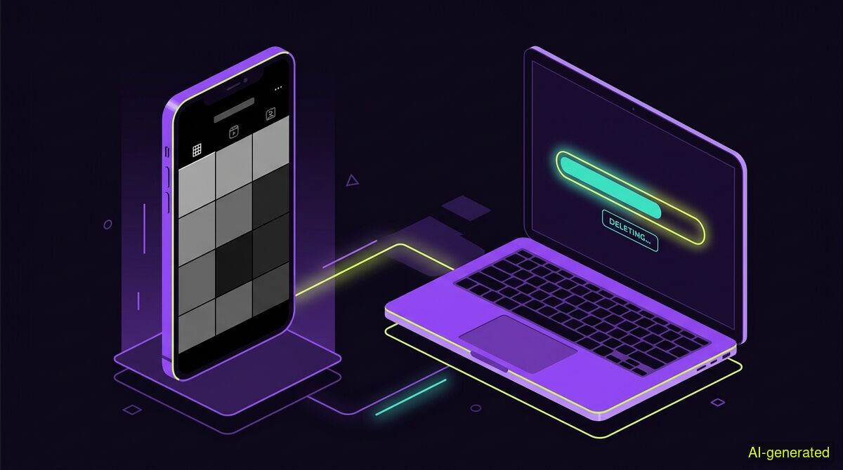 A smartphone screen displaying an empty photo grid next to a laptop showing a progress bar. (AI-generated illustration)
