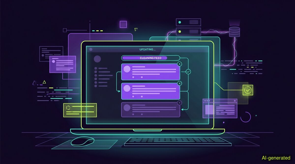 A laptop screen showing a social media timeline with several text posts being selected for removal. (AI-generated illustration)