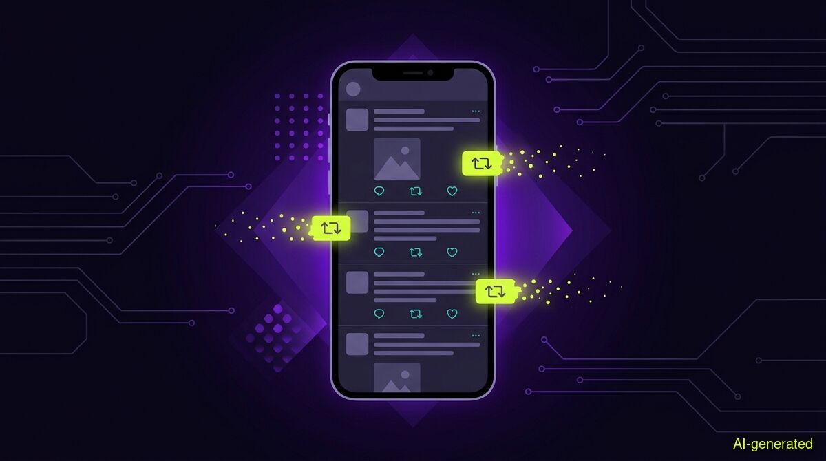 A smartphone screen displaying a social media timeline with highlighted share icons fading away. (AI-generated illustration)