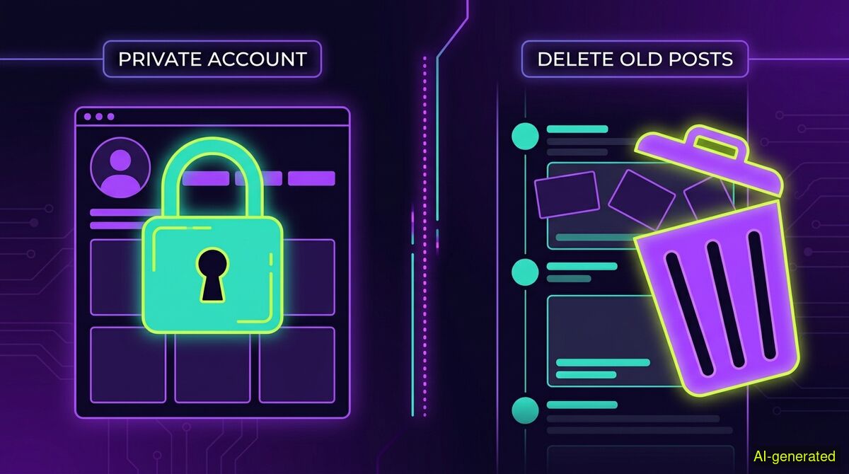 A split screen showing a padlock icon over a social media profile on the left and a trash can icon over a timeline on the right. (AI-generated illustration)