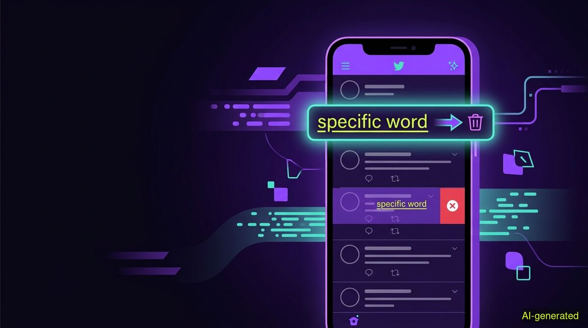 A smartphone screen displaying a social media timeline with a text input box highlighting specific words to be removed. (AI-generated illustration)