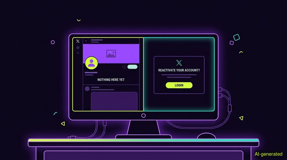 A split computer monitor showing an empty profile timeline on one side and a deactivated account login screen on the other. (AI-generated illustration)