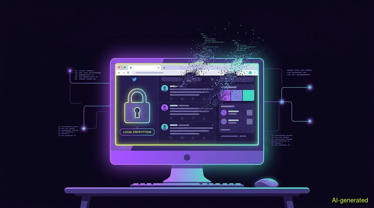 A computer monitor displaying a timeline of social media posts being cleared, with a prominent padlock icon indicating local browser security. (AI-generated illustration)