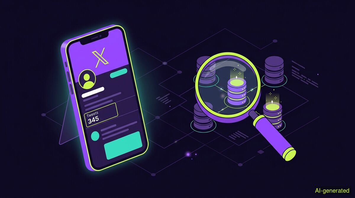 A smartphone screen showing an X profile page with a post counter, next to a magnifying glass over server database icons. (AI-generated illustration)