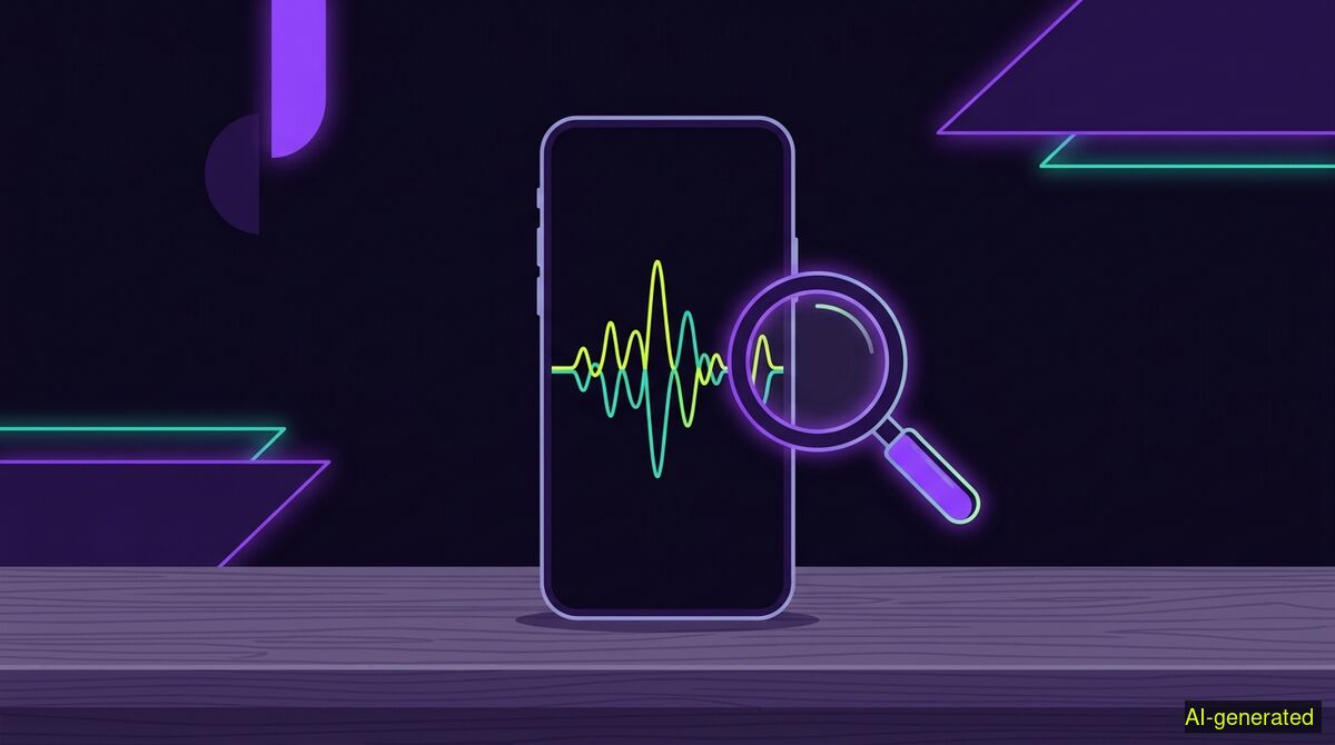 A smartphone screen showing a waveform recording next to a magnifying glass icon on a wooden desk. (AI-generated illustration)