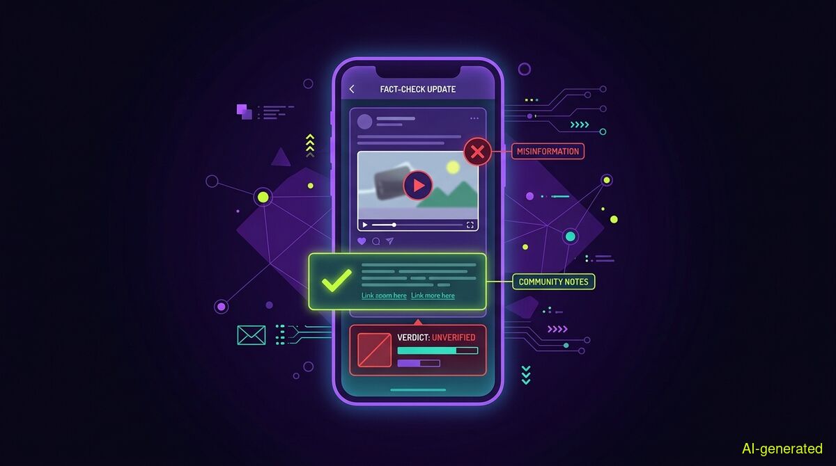 A phone screen showing a post with a video, a note card below it and a verdict panel with a red marker on the footage (AI-generated illustration)