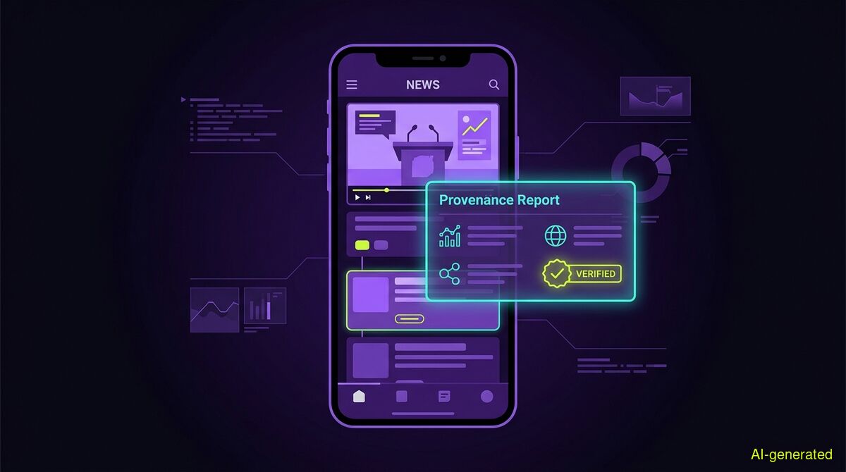 A phone screen displaying a news timeline with a video player and a provenance report overlay. (AI-generated illustration)