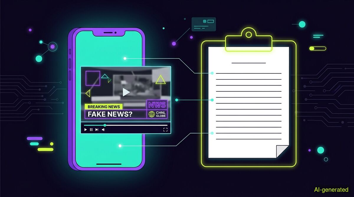 A smartphone screen showing a video player with a news network overlay being compared to a blank transcript document. (AI-generated illustration)