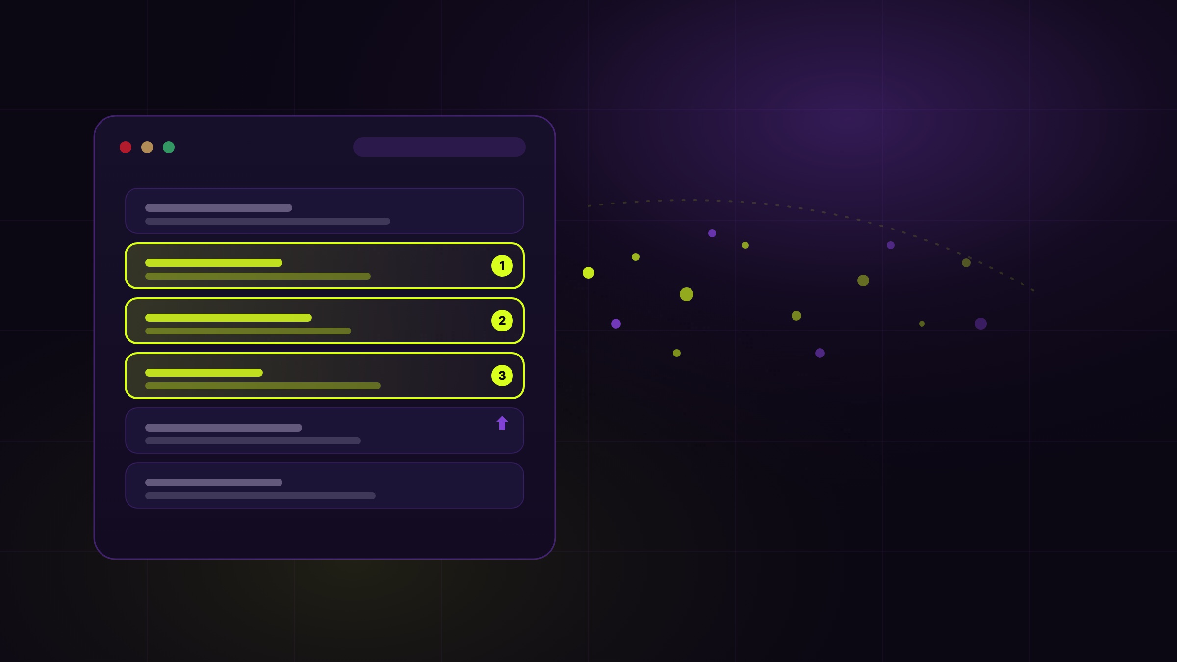 A stylized browser sidebar with conversation cards, three highlighted and numbered, dissolving into particles, illustrating selective bulk deletion.
