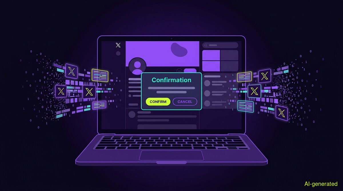 A laptop screen displaying an X profile page with a confirmation dialog box over a timeline of blurred posts. (AI-generated illustration)