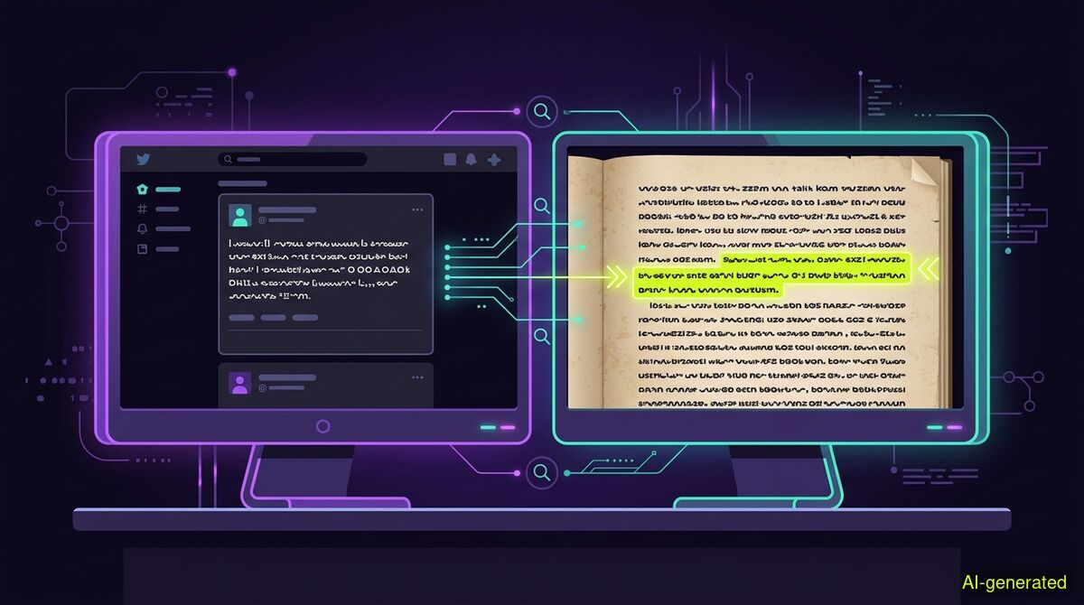 A split computer monitor showing a social media post with text on the left and a scanned page of an old reference book highlighting a single sentence on the right. (AI-generated illustration)