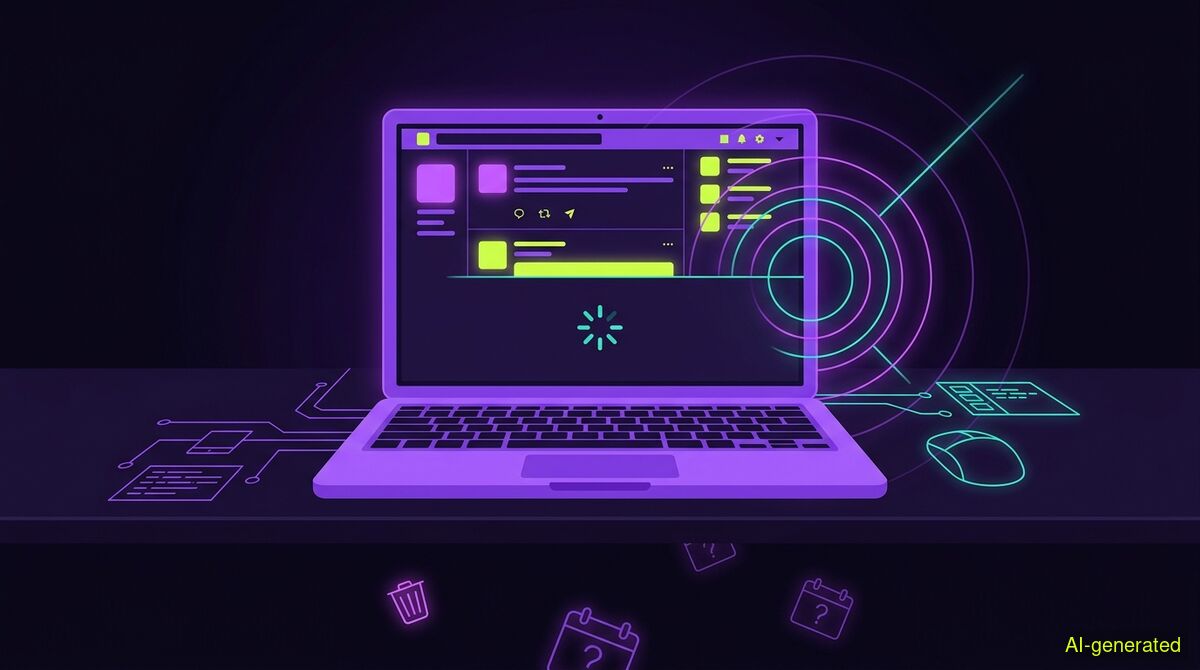 A laptop screen displaying a social media timeline that abruptly stops loading past a certain date, surrounded by a dark desk environment. (AI-generated illustration)