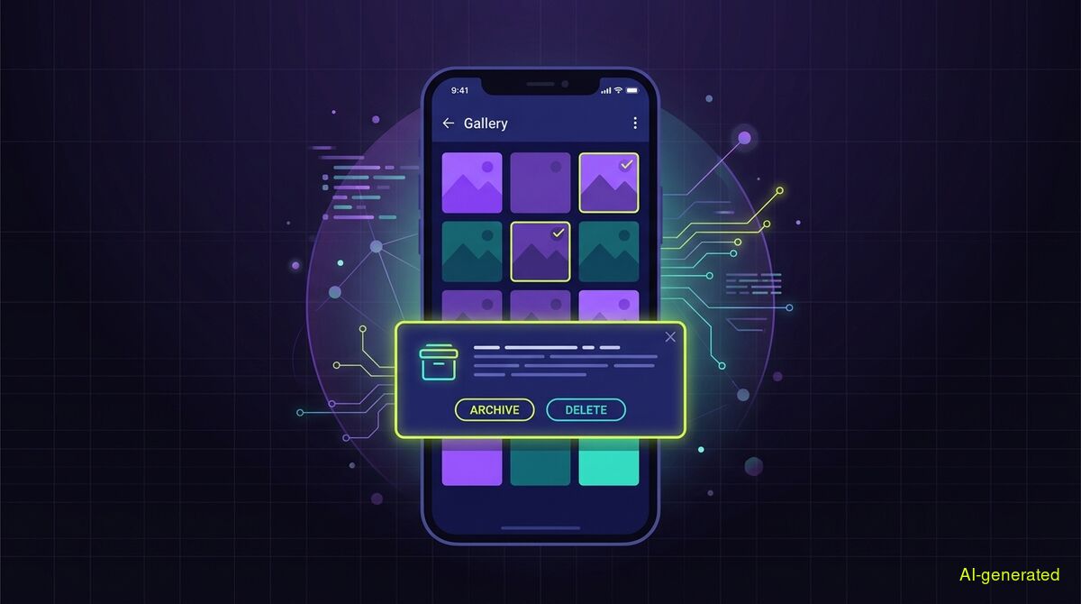 A smartphone screen displaying a grid of old photos and a confirmation prompt to archive or delete selected items. (AI-generated illustration)