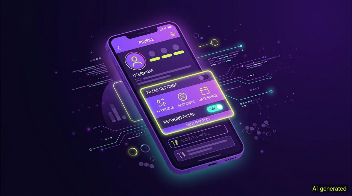 A smartphone screen displaying a social media profile with a highlighted keyword filter setting in a digital interface. (AI-generated illustration)