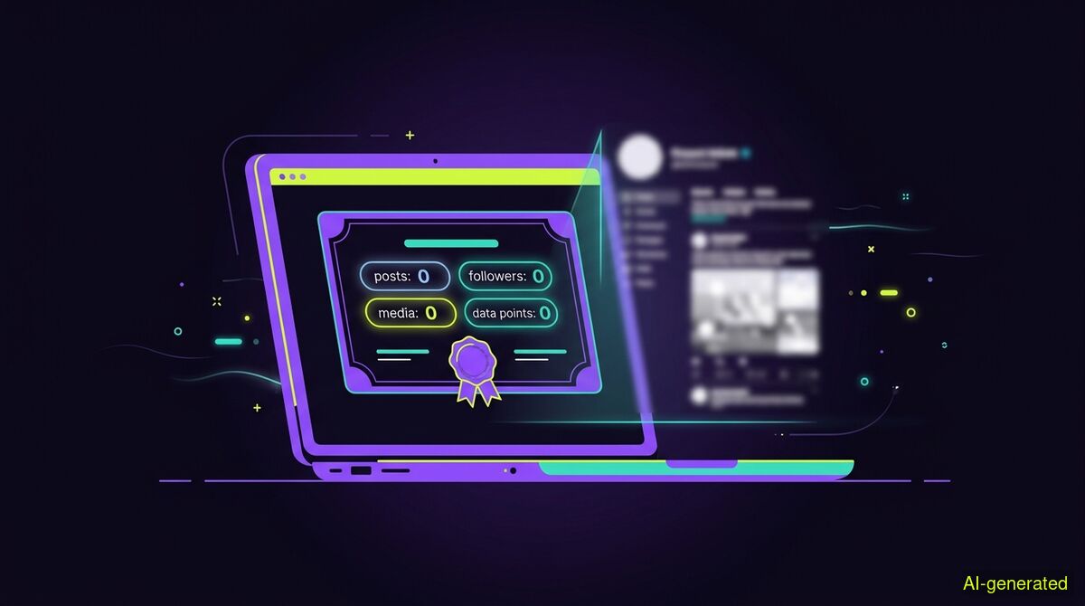 A laptop screen displaying a digital certificate with numeric counters next to a blurred social media feed. (AI-generated illustration)