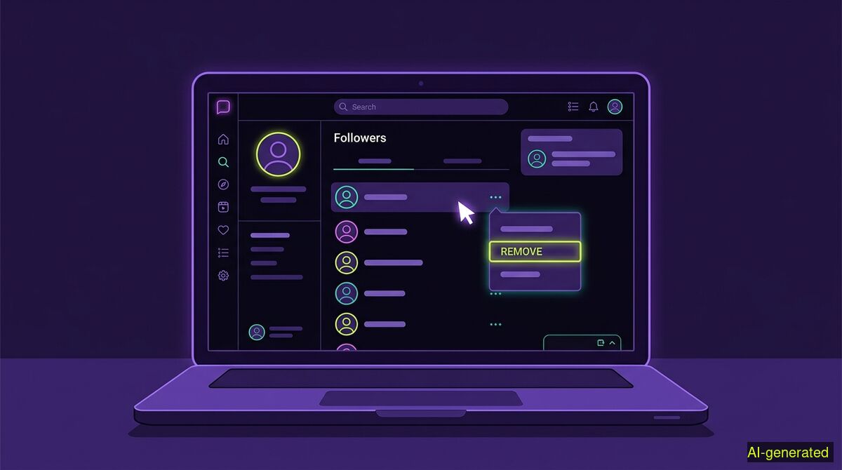 A laptop screen displaying a social media follower list with a cursor hovering over a removal menu. (AI-generated illustration)