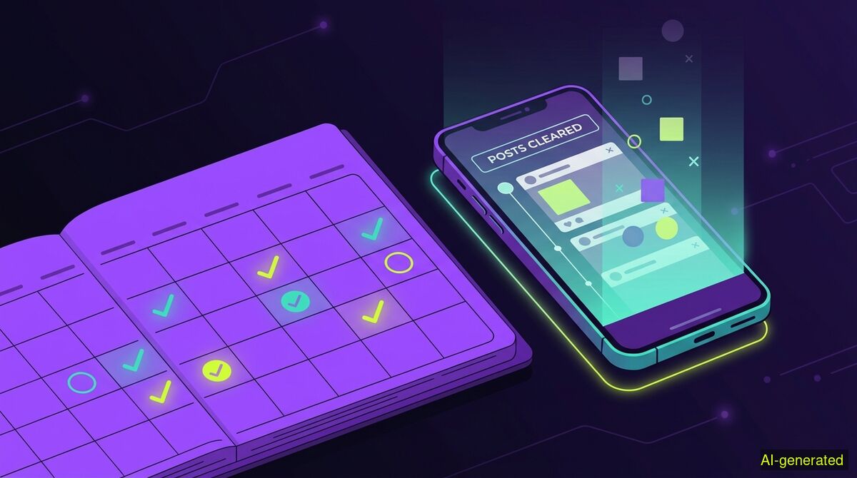 A calendar planner sitting next to a smartphone that displays a timeline of posts being cleared. (AI-generated illustration)