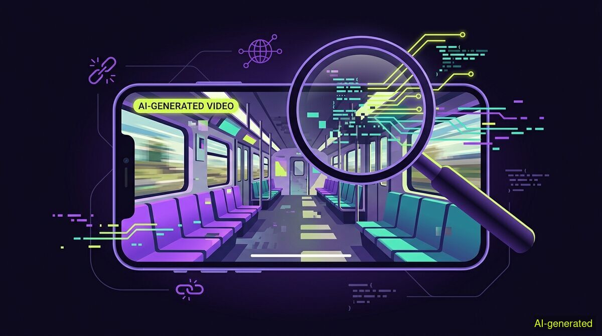 A magnifying glass held over a smartphone screen showing a distorted, computer-generated video of a train carriage. (AI-generated illustration)