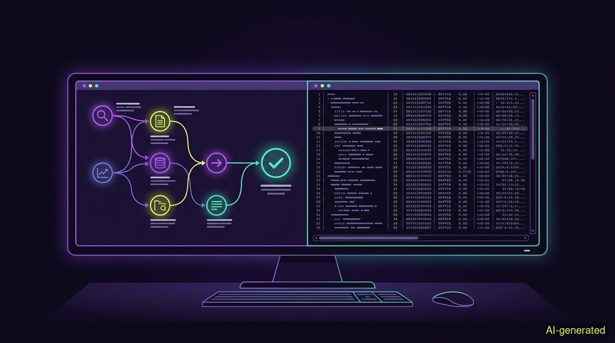 A split computer monitor displaying an evidence chain on the left and a raw data log on the right. (AI-generated illustration)