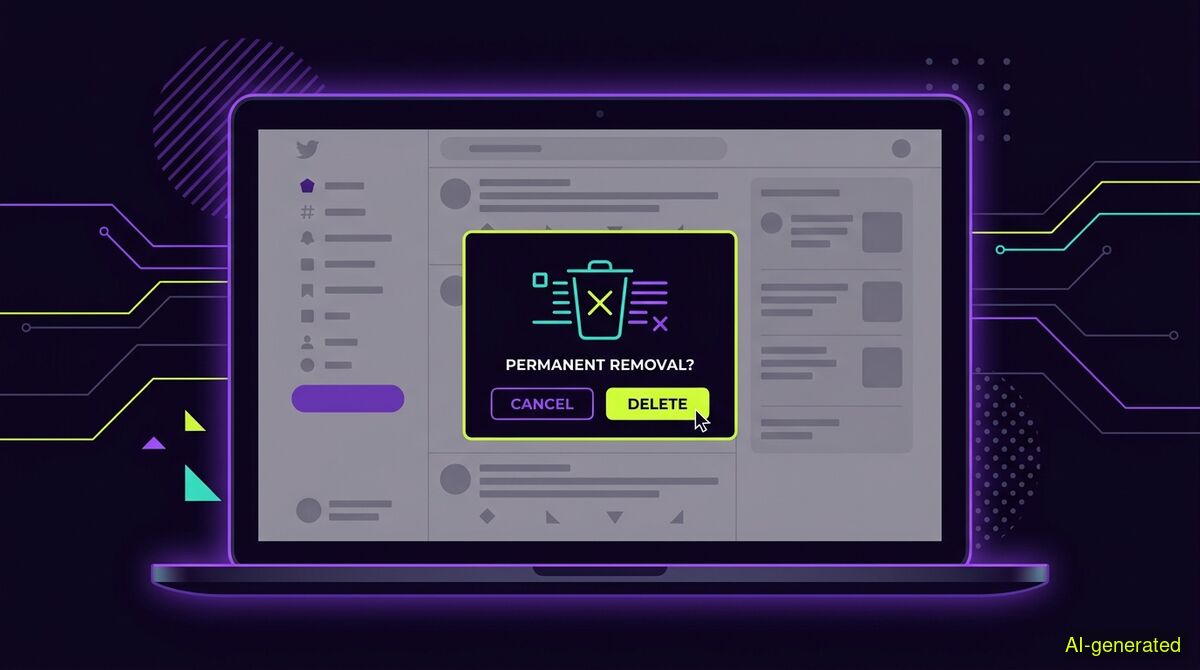A laptop screen displaying a social media timeline with a confirmation prompt to permanently remove selected posts. (AI-generated illustration)