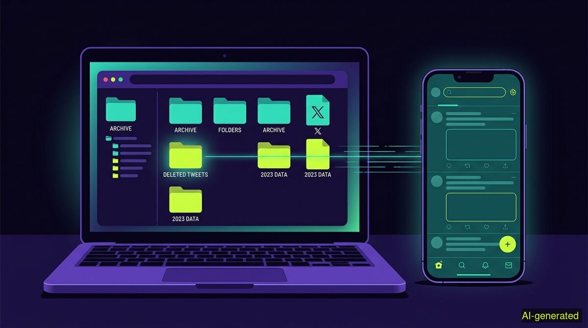 A laptop screen displaying a data archive folder next to a smartphone showing a blank social media timeline. (AI-generated illustration)
