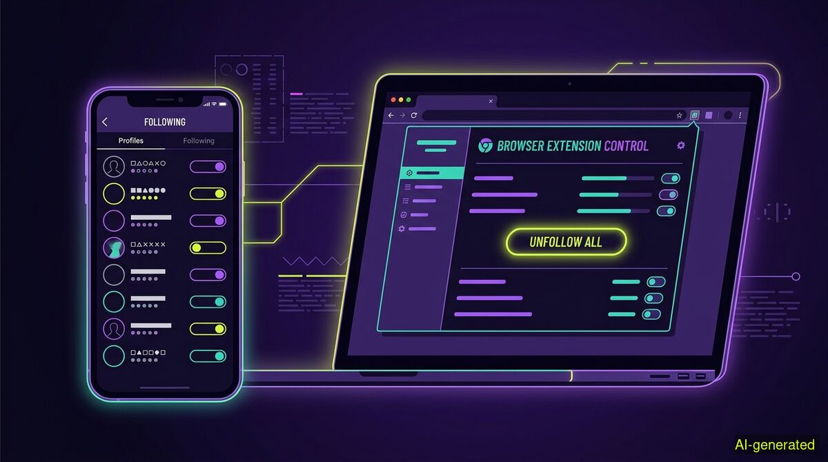 A smartphone screen displaying a social media following list next to a laptop showing a browser extension control panel. (AI-generated illustration)