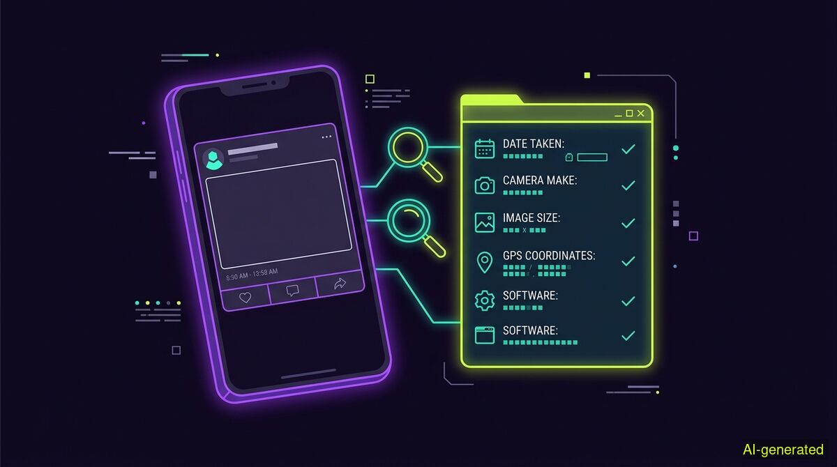 A phone screen displaying a social media post next to a digital metadata report on a dark background. (AI-generated illustration)
