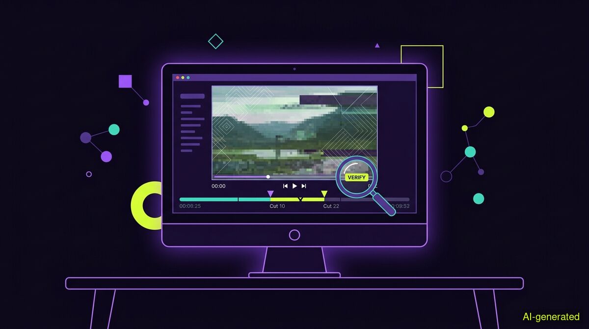 A computer monitor displaying a video timeline with a magnifying glass icon hovering over a freeze frame. (AI-generated illustration)