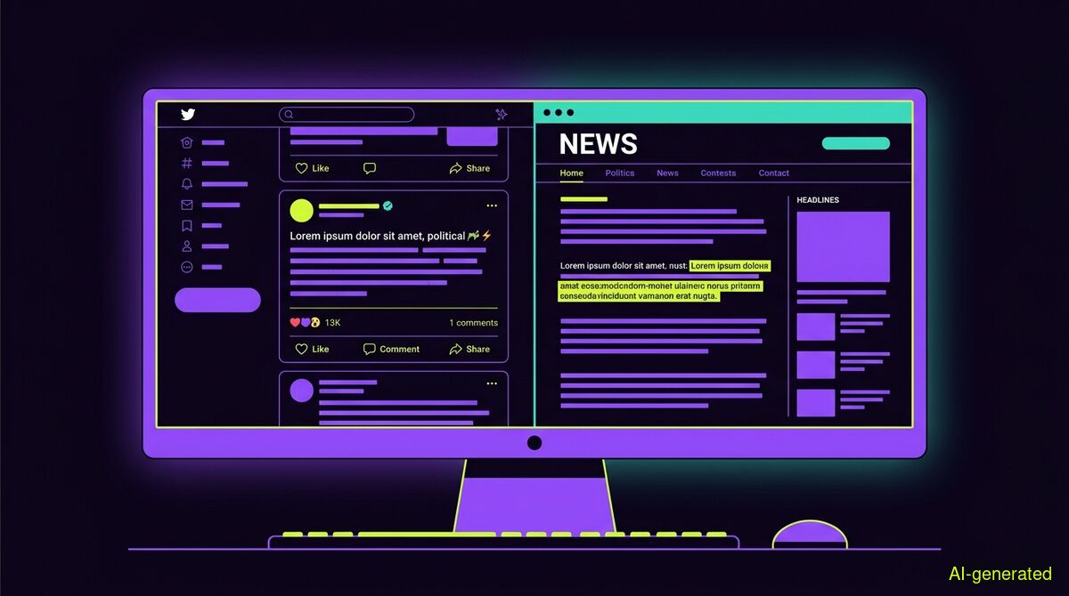 A split computer monitor displaying a social media feed with a viral political post on the left and a highlighted news article refuting the claim on the right. (AI-generated illustration)