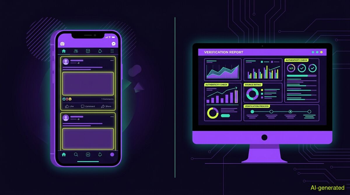 A split screen showing a social media timeline on a smartphone beside a desktop monitor displaying a source verification report. (AI-generated illustration)