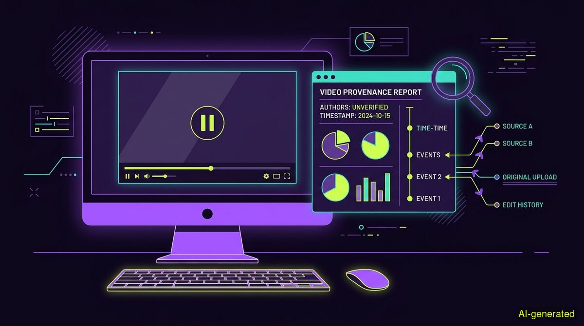 A desktop monitor displaying a paused video player next to a digital provenance report and a timeline of source links. (AI-generated illustration)