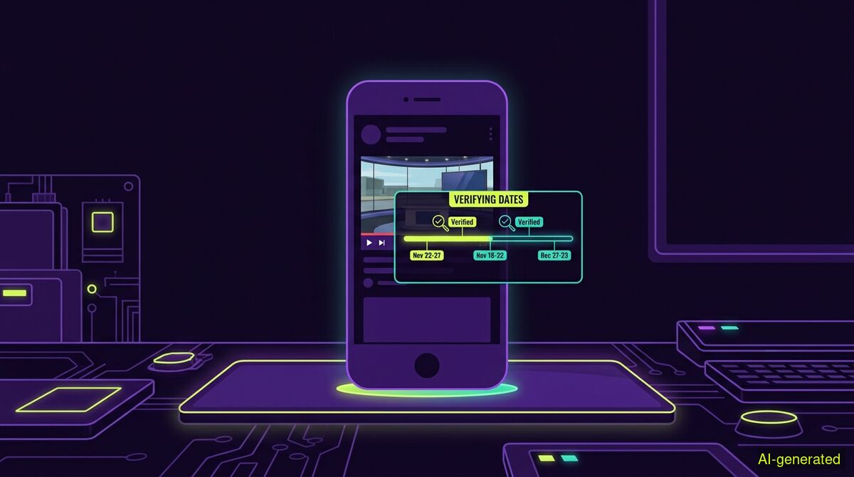 A smartphone screen displaying a news video with a verification overlay showing a timeline of publication dates. (AI-generated illustration)