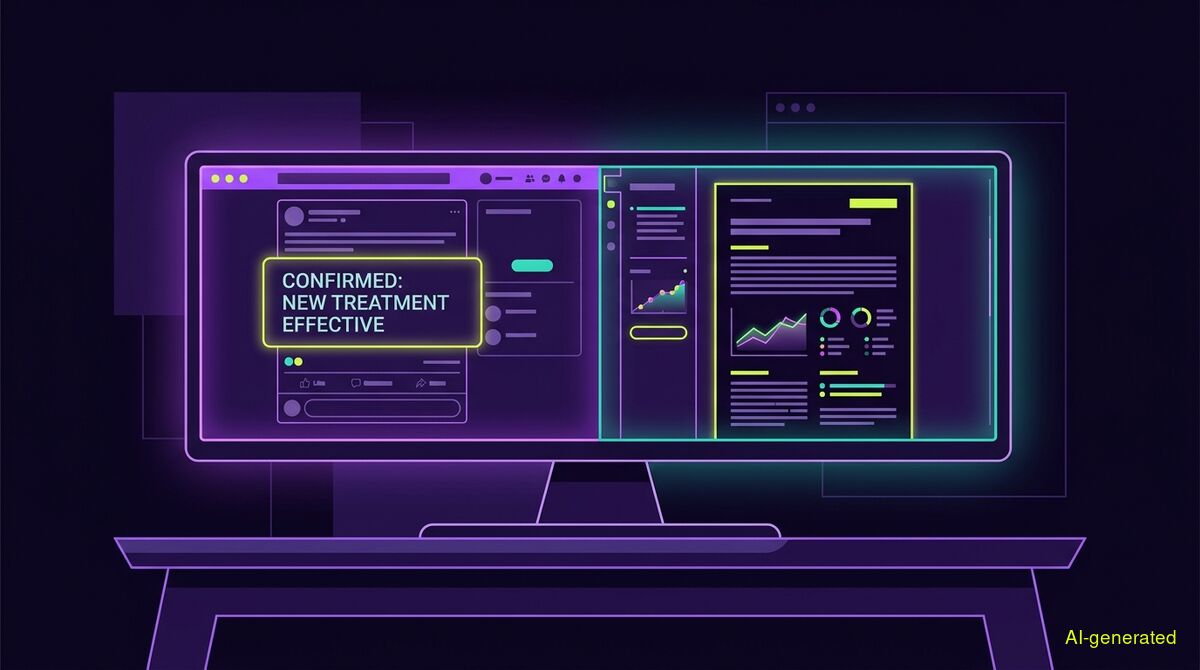 A split computer monitor displaying a social media post with a highlighted text message on one side, and a formal medical research paper on the other. (AI-generated illustration)