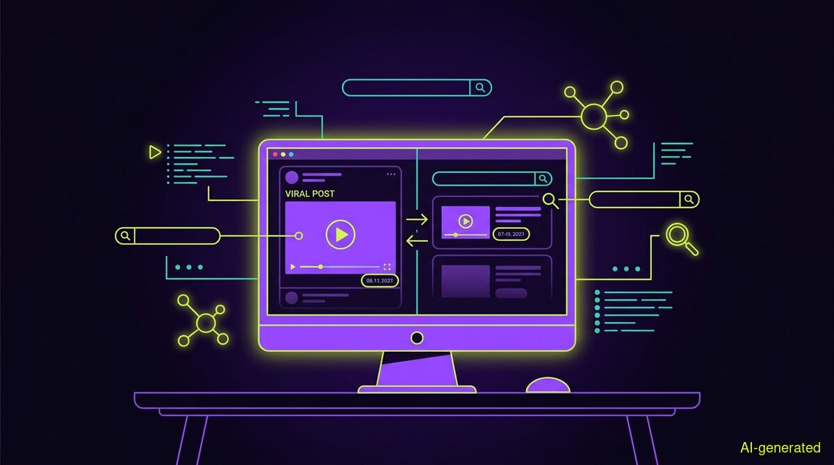 A split computer screen showing a social media video post next to a database search result with an older date. (AI-generated illustration)