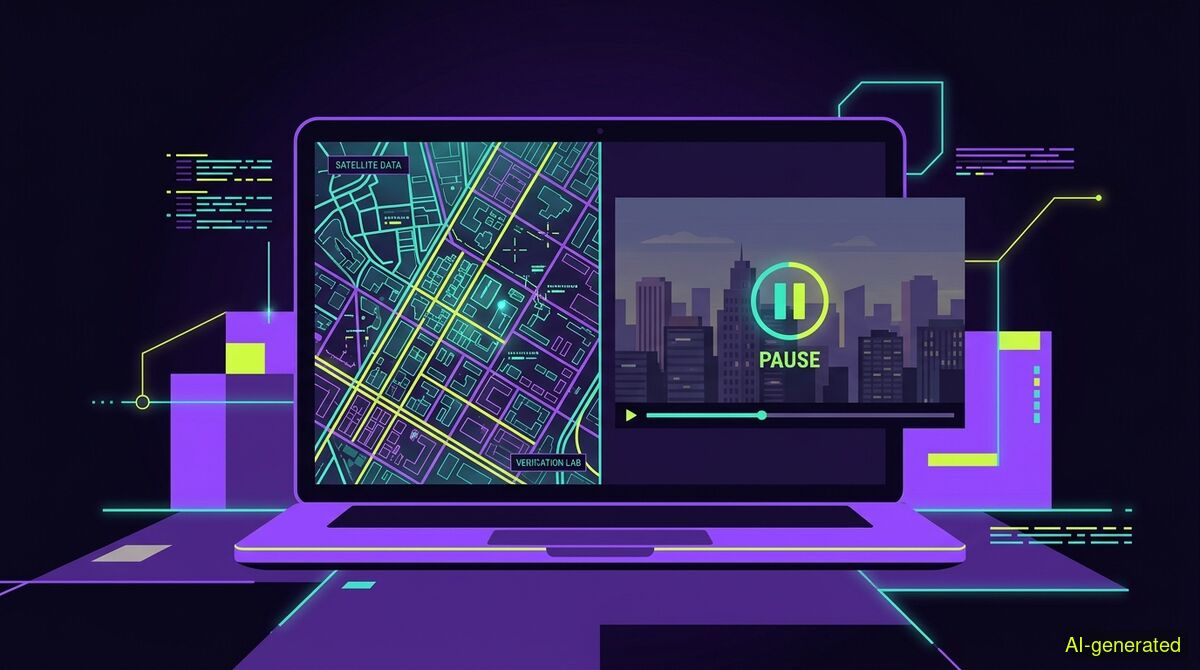 A laptop screen displaying a satellite map next to a paused video player showing a city skyline. (AI-generated illustration)
