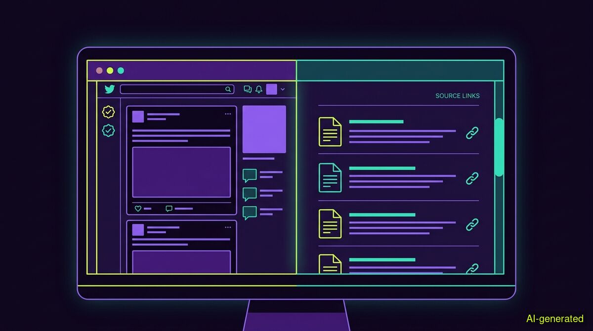 A split computer screen showing a social media post on one side and a list of linked reference documents on the other. (AI-generated illustration)