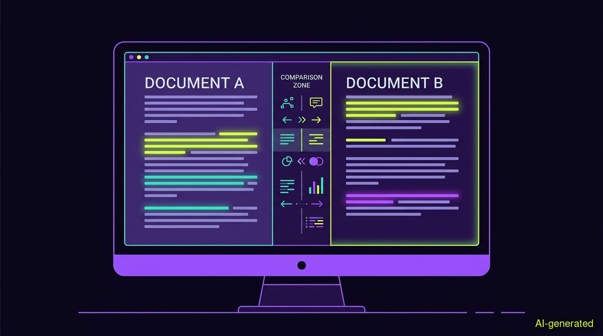 A split computer monitor displaying two different text documents side by side with highlighted paragraphs and a central comparison column. (AI-generated illustration)