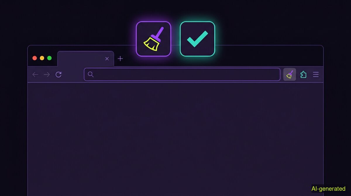 A browser toolbar with two extension icons, a broom and a checkmark, above an empty add-ons page (AI-generated illustration)