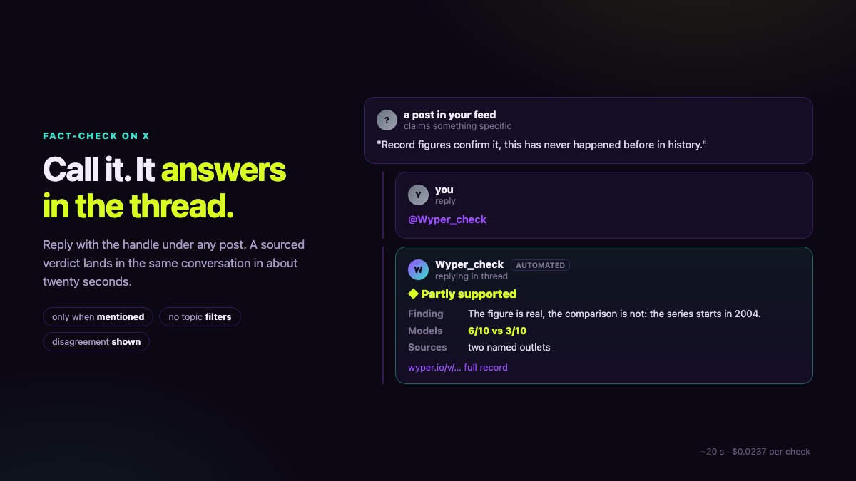 A phone screen showing a reply thread where a verdict card with sources appears beneath a post